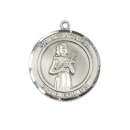 Mens Medium Round .925 Sterling Silver Saint St. Agatha Medal Pendant on 24 Inch Rhodium Plated Heavy Curb Brass Chain with Lobster Claw Clasp, Catholic Religious Necklace- USA Made Velvet Gift Box