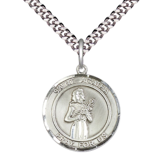 Medium Men's .925 Sterling Silver Saint Agatha Medal Pendant on 24 Inch Endless Rhodium Plated Heavy Curb Brass Chain, Catholic Religious Necklace - Made in USA- Deluxe Velvet Gift Box