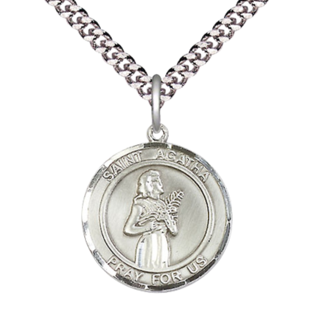 Mens Medium Round Pewter Saint Agatha Medal Pendant on 24 Inch Rhodium Plated Heavy Curb Brass Chain with Lobster Claw Clasp, Catholic Religious Necklace -Made in USA- Deluxe Velvet Gift Box