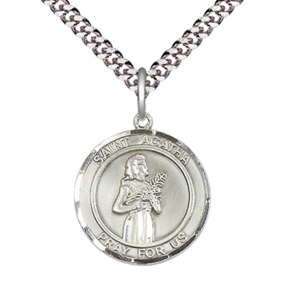 Mens Medium Round Pewter Saint Agatha Medal Pendant on 24 Inch Rhodium Plated Heavy Curb Brass Chain with Lobster Claw Clasp, Catholic Religious Necklace -Made in USA- Deluxe Velvet Gift Box