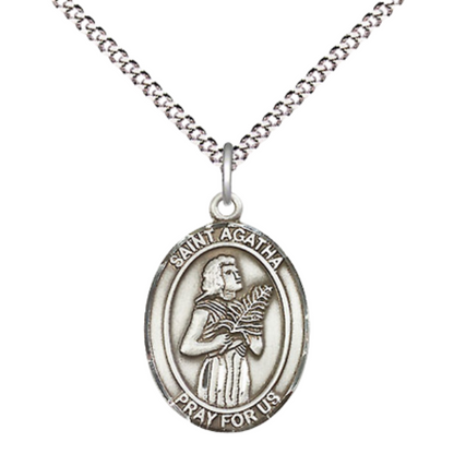 .925 Sterling Silver Saint St. Agatha Medal Pendant on 18 Inch Rhodium Plated Lite Curb Brass Chain with Lobster Claw Clasp, Catholic Religious Necklace - Made in USA- Prayer Card Included