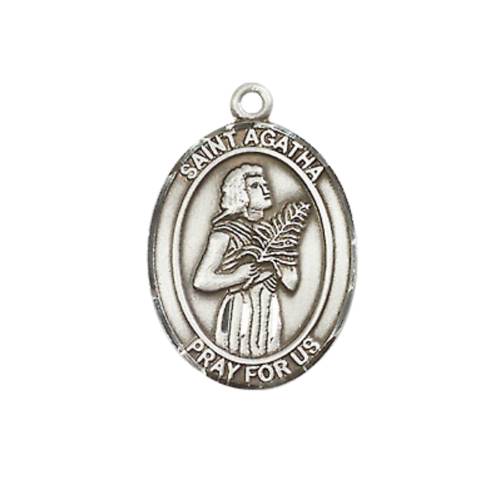 Medium Men's .925 Sterling Silver Saint St. Agatha Medal Pendant on 24 Inch Endless Rhodium Plated Heavy Curb Brass Chain, Catholic Religious Necklace - Made in USA- Deluxe Velvet Gift Box