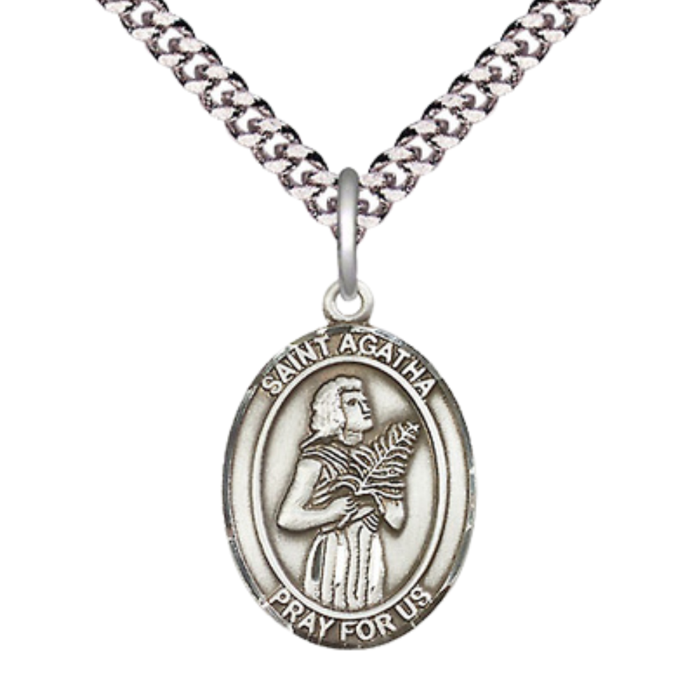 Everlasting Light Jewelry Medium Men's Pewter Saint St. Agatha Medal Pendant on 24 Inch Endless Rhodium Plated Heavy Curb Brass Chain, Catholic Religious Necklace - Made in USA- Deluxe Velvet Gift Box