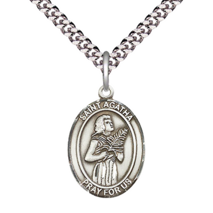 Mens Medium Oval .925 Sterling Silver Saint St. Agatha Medal Pendant on 24 Inch Rhodium Plated Heavy Curb Brass Chain w/ Lobster Claw Clasp, Catholic Religious Necklace - Made in USA- Velvet Gift Box