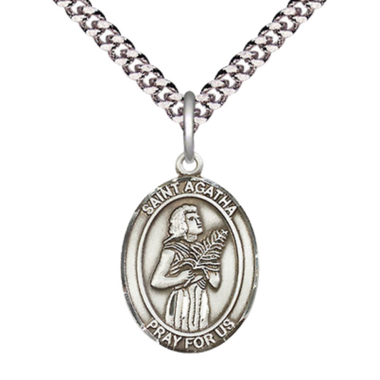 Mens Medium Oval .925 Sterling Silver Saint St. Agatha Medal Pendant on 24 Inch Rhodium Plated Heavy Curb Brass Chain w/ Lobster Claw Clasp, Catholic Religious Necklace - Made in USA- Velvet Gift Box