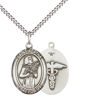.925 Sterling Silver Saint St. Agatha Nurse Pendant Necklace – ¾" x ½" – 18 Inch Rhodium Plated Lite Curb Brass Chain with Lobster Claw Clasp, Catholic Medal - Patron Saint. of Nurses & Breast Cancer – Velvet Gift Box