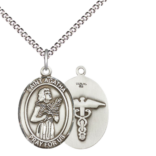 .925 Sterling Silver Saint St. Agatha Nurse Pendant Necklace – ¾" x ½" – 18 Inch Rhodium Plated Lite Curb Brass Chain with Lobster Claw Clasp, Catholic Medal - Patron Saint. of Nurses & Breast Cancer – Velvet Gift Box