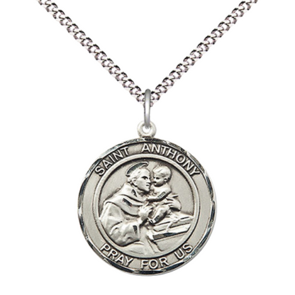 Medium Women's .925 Sterling Silver Saint St. Anthony Pendant Necklace – ¾” x ?” Medal on 18 Inch Rhodium-Plated Lite Curb Brass Chain, Catholic Medal with Lobster Clasp – Patron Saint St. of Lost Articles & The Poor – Velvet Gift Box