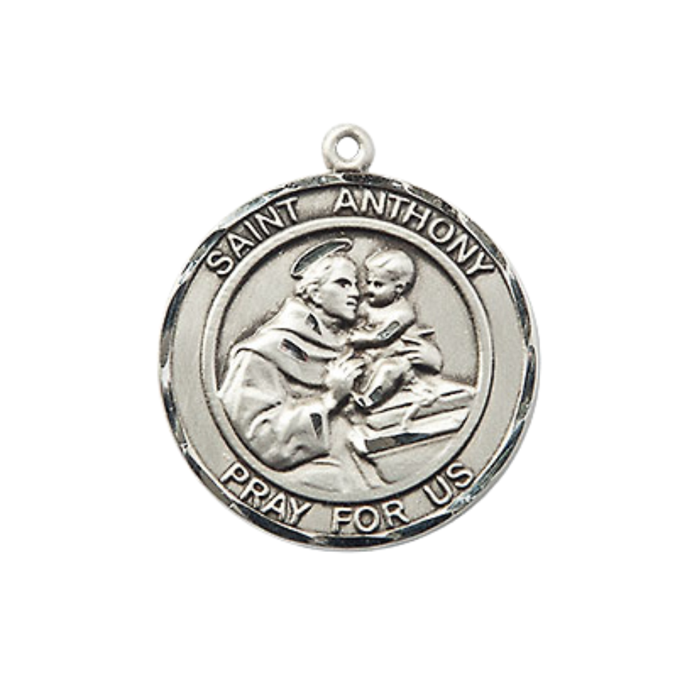 Medium Women's .925 Sterling Silver Saint St. Anthony Pendant Necklace – ¾” x ?” Medal on 18 Inch Rhodium-Plated Lite Curb Brass Chain, Catholic Medal with Lobster Clasp – Patron Saint St. of Lost Articles & The Poor – Velvet Gift Box