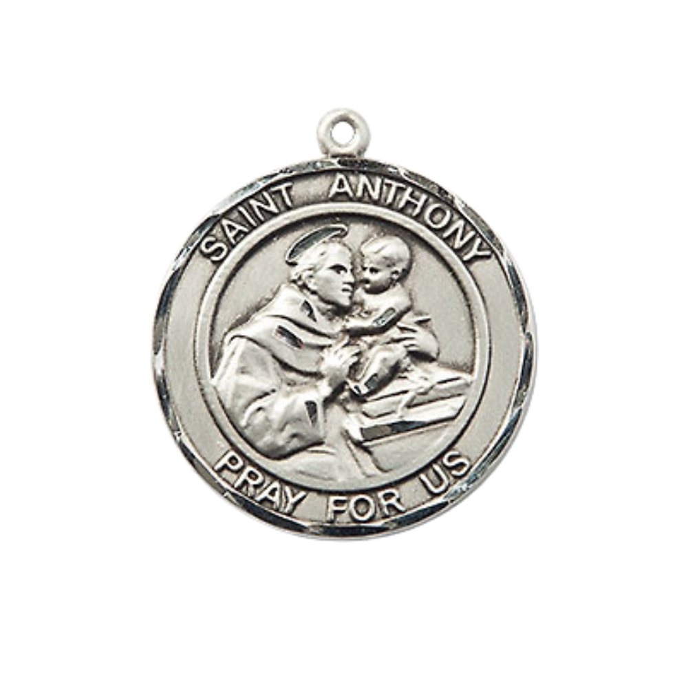 Everlasting Light Jewelry Medium Men's Pewter Saint St. Anthony Medal Pendant on 24 Inch Endless Rhodium Plated Heavy Curb Brass Chain, Catholic Religious Necklace - Made in USA- Deluxe Velvet Gift Box