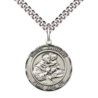 Medium Men's .925 Sterling Silver Saint St. Anthony Medal Pendant on 24 Inch Endless Rhodium Plated Heavy Curb Brass Chain, Catholic Religious Necklace - Made in USA- Deluxe Velvet Gift Box