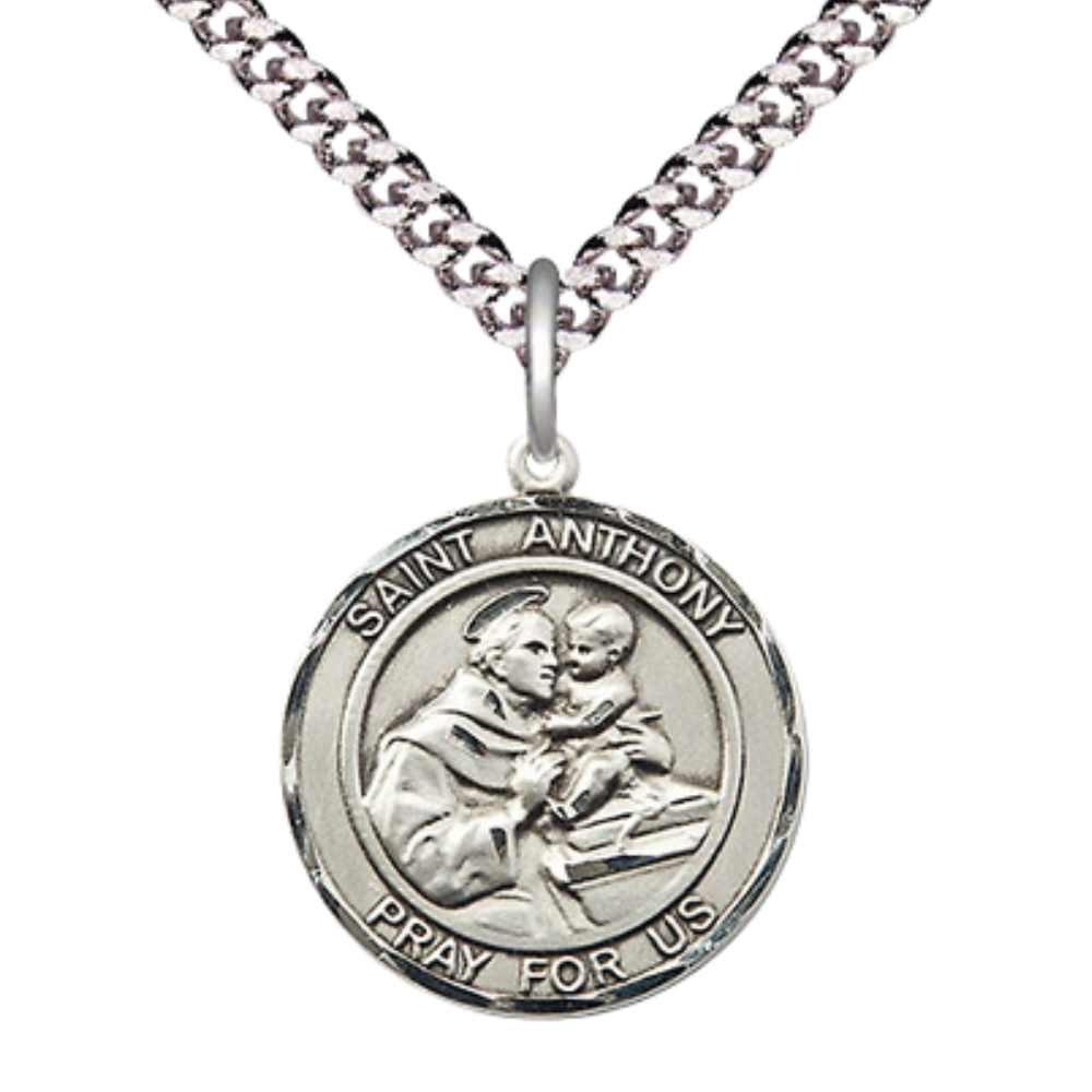 Mens Medium .925 Sterling Silver Saint St. Anthony Medal Pendant on 24 Inch Rhodium Plated Heavy Curb Brass Chain w/ Lobster Claw Clasp, Catholic Religious Necklace - Made in USA- Velvet Gift Box