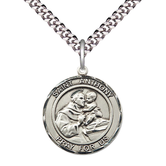 Mens Medium .925 Sterling Silver Saint St. Anthony Medal Pendant on 24 Inch Rhodium Plated Heavy Curb Brass Chain w/ Lobster Claw Clasp, Catholic Religious Necklace - Made in USA- Velvet Gift Box