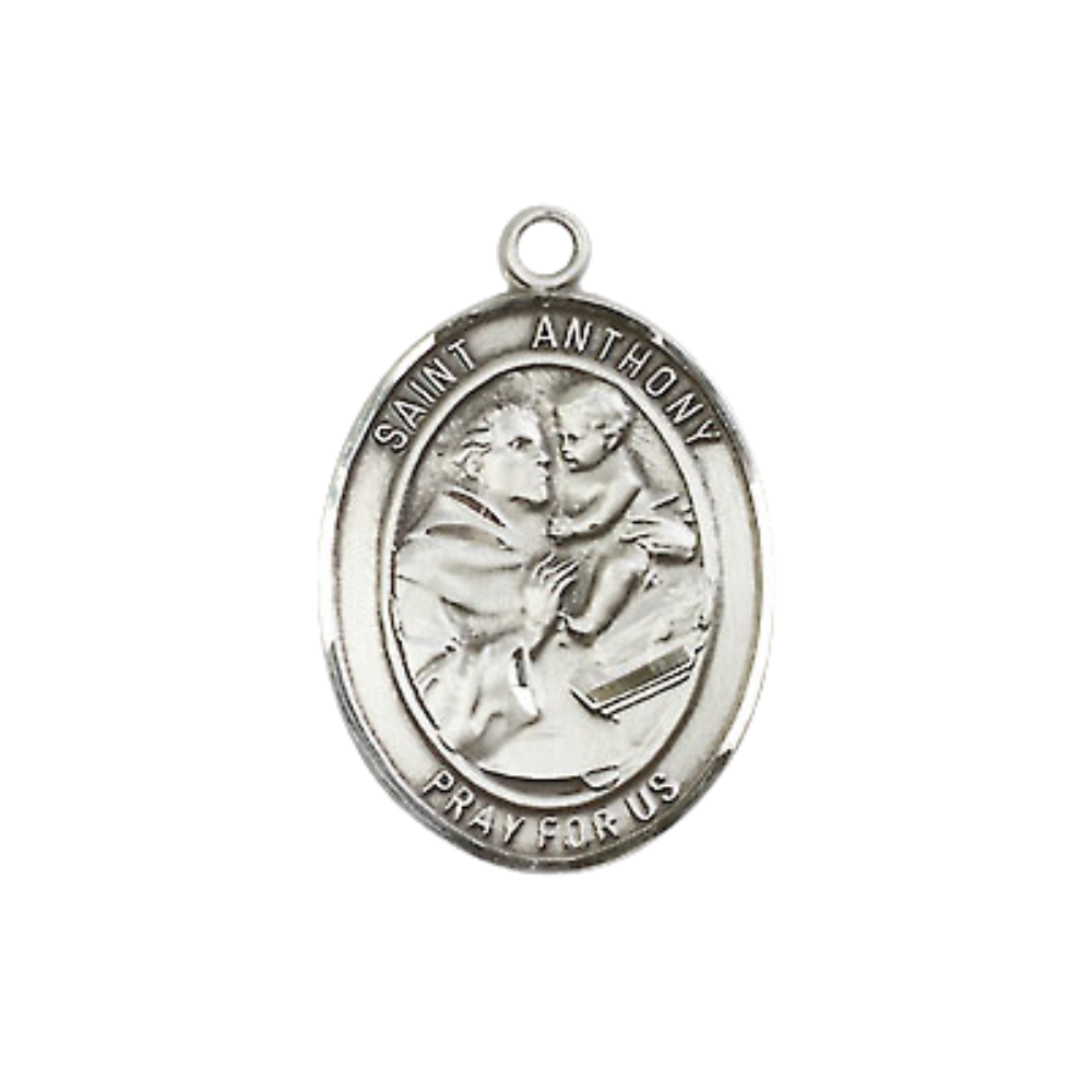 Medium Women's .925 Sterling Silver Saint St. Anthony of Padua Pendant Necklace on 18 Inch Rhodium Plated Lite Curb Brass Chain – Patron Saint St. of Lost Articles & The Poor – ¾" x ½" Medal, Catholic Medal – Velvet Gift Box Included
