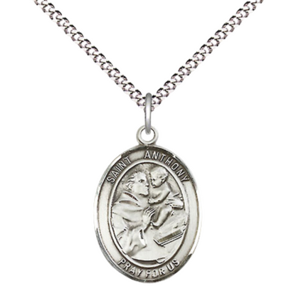 Medium Women's Pewter Saint St. Anthony of Padua Pendant Necklace – ¾” x ½” Medal on 18 Inch Rhodium- Plated Lite Curb Brass Chain with Lobster Claw Clasp, Catholic Medal - Patron Saint. of Lost Articles/The Poor – Velvet Gift Box
