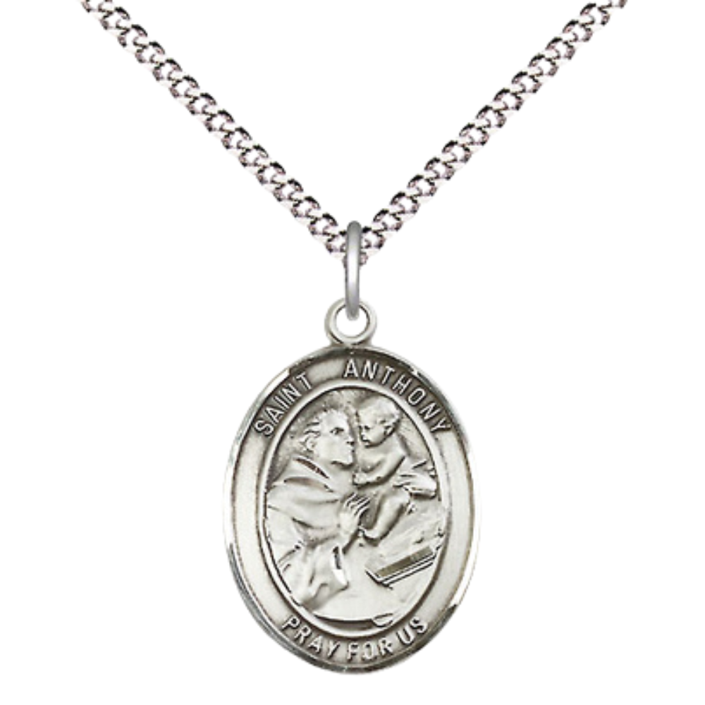Medium Women's .925 Sterling Silver Saint St. Anthony of Padua Pendant Necklace on 18 Inch Rhodium Plated Lite Curb Brass Chain – Patron Saint St. of Lost Articles & The Poor – ¾" x ½" Medal, Catholic Medal – Velvet Gift Box Included