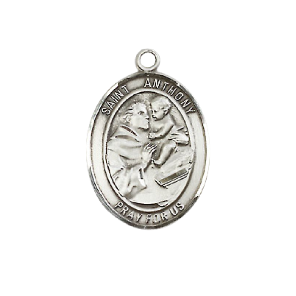 Everlasting Light Jewelry Medium Men's Pewter Saint Anthony of Padua Medal Pendant on 24 Inch Endless Rhodium Plated Heavy Curb Brass Chain, Catholic Religious Necklace -Made in USA- Deluxe Velvet Gift Box