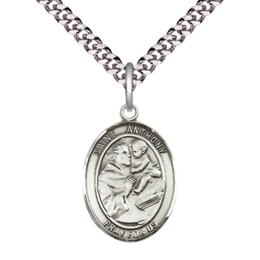 Medium Men's .925 Sterling Silver Saint St. Anthony of Padua Medal Pendant on 24 Inch Endless Rhodium Plated Heavy Curb Brass Chain, Catholic Religious Necklace - Made in USA- Deluxe Velvet Gift Box