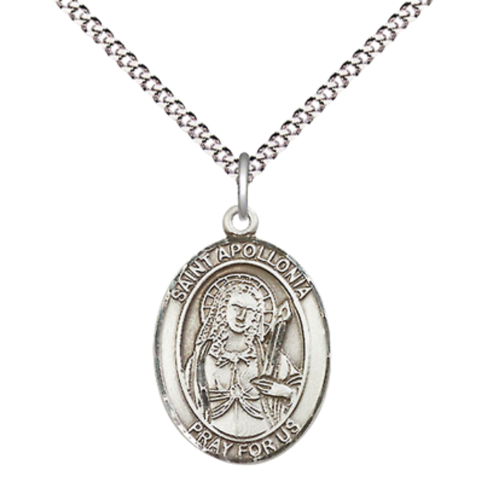 Medium Women's .925 Sterling Silver Saint St. Apollonia Pendant Necklace on 18 Inch Rhodium Plated Lite Curb Brass Chain, Catholic Medal – Patron Saint St. of Dental Diseases – ¾ x ½ Medal – Velvet Gift Box Included