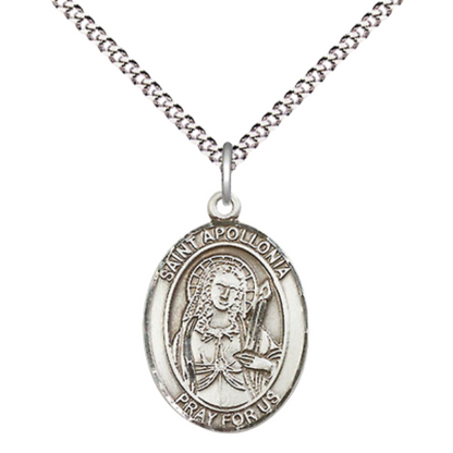 Medium Women's Pewter Saint Apollonia Pendant Necklace – ¾” x ½” Medal on 18” Rhodium-Plated Lite Curb Brass Chain with Lobster Claw Clasp – Patron Saint of Dental Diseases – Velvet Gift Box