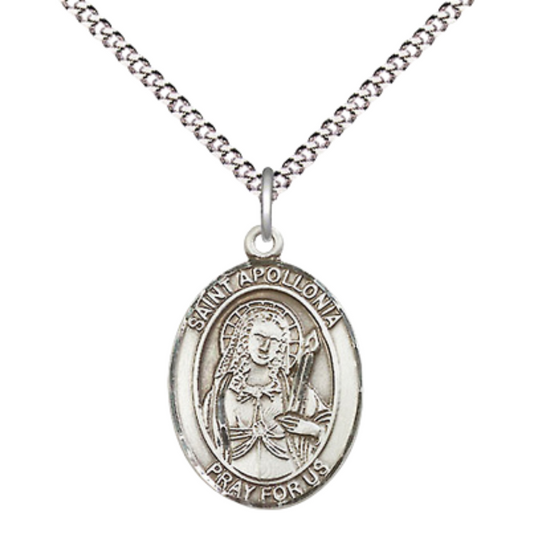 Medium Women's Pewter Saint Apollonia Pendant Necklace – ¾” x ½” Medal on 18” Rhodium-Plated Lite Curb Brass Chain with Lobster Claw Clasp – Patron Saint of Dental Diseases – Velvet Gift Box