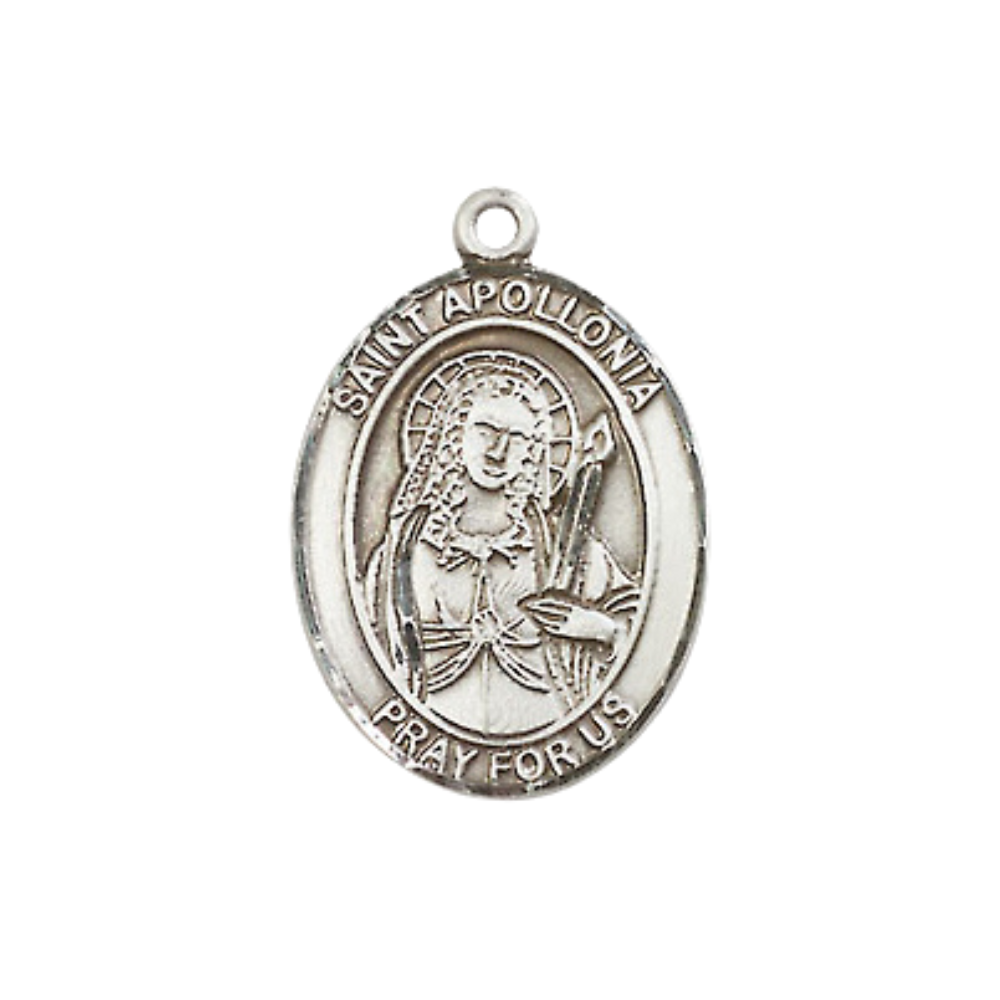 Medium Women's Pewter Saint Apollonia Pendant Necklace – ¾” x ½” Medal on 18” Rhodium-Plated Lite Curb Brass Chain with Lobster Claw Clasp – Patron Saint of Dental Diseases – Velvet Gift Box