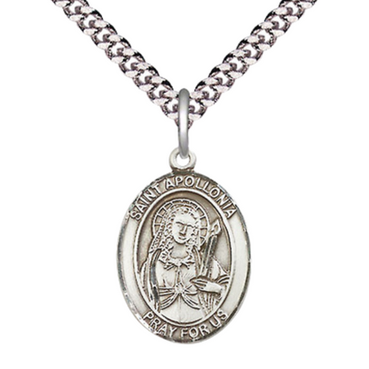 Mens Medium Oval Pewter Saint St. Apollonia Medal Pendant on 24 Inch Rhodium Plated Heavy Curb Brass Chain with Lobster Claw Clasp, Catholic Religious Necklace - Made in USA- Deluxe Velvet Gift Box