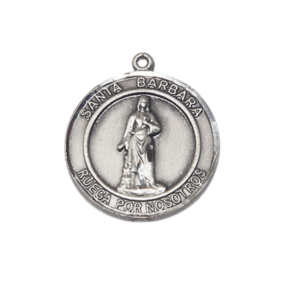 Spanish Script Women's Pewter Santa St. Barbara Medal Pendant on 18 Inch Rhodium Plated Lite Curb Brass Chain, Catholic Religious Necklace with Lobster Claw Clasp - Made in USA, Comes in Deluxe Velvet Gift Box