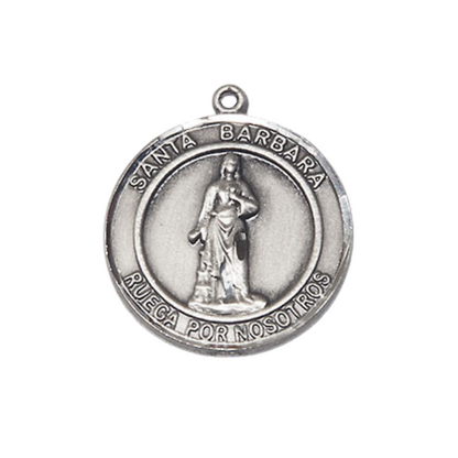 Spanish Script Women's Pewter Santa St. Barbara Medal Pendant on 18 Inch Rhodium Plated Lite Curb Brass Chain, Catholic Religious Necklace with Lobster Claw Clasp - Made in USA, Comes in Deluxe Velvet Gift Box