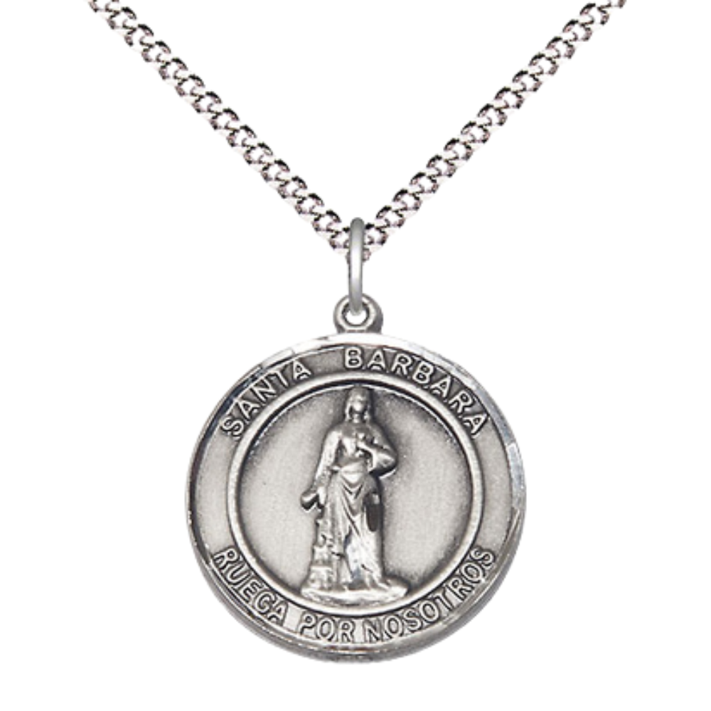 Spanish Script Women's Pewter Santa St. Barbara Medal Pendant on 18 Inch Rhodium Plated Lite Curb Brass Chain, Catholic Religious Necklace with Lobster Claw Clasp - Made in USA, Comes in Deluxe Velvet Gift Box