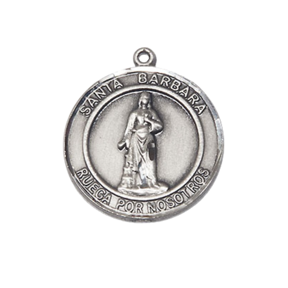 Spanish Script Men's .925 Sterling Silver Santa St. Barbara Medal Pendant on 24 Inch Endless Rhodium Plated Heavy Curb Chain, Catholic Religious Necklace - Made in USA - with Deluxe Velvet Gift Box