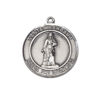 Spanish Script Men's .925 Sterling Silver Santa St. Barbara Medal Pendant on 24 Inch Endless Rhodium Plated Heavy Curb Chain, Catholic Religious Necklace - Made in USA - with Deluxe Velvet Gift Box