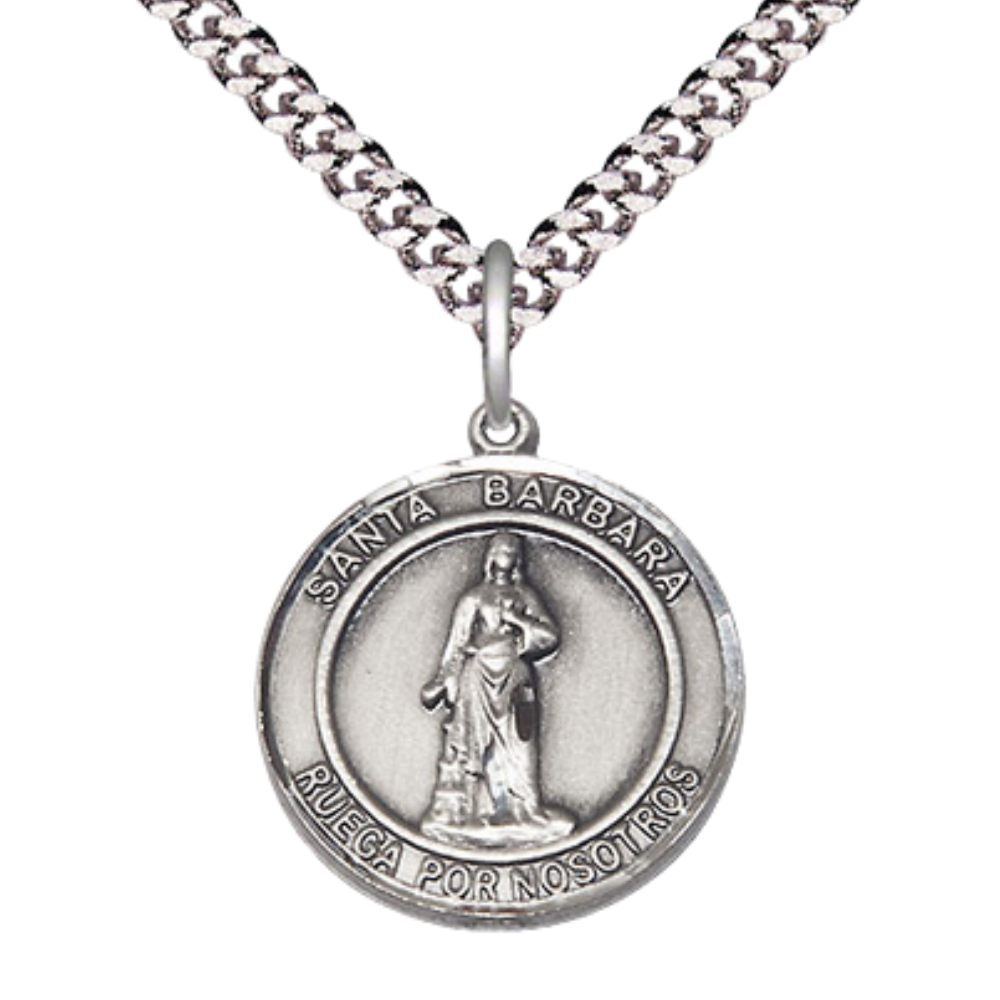 Mens Medium Round Pewter Santa St. Barbara Medal Pendant on 24 Inch Rhodium Plated Heavy Curb Brass Chain with Lobster Claw Clasp, Catholic Religious Necklace - Made in USA- Deluxe Velvet Gift Box