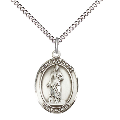 Everlasting Light Jewelry Medium Women's Sterling Silver Saint Barbara Pendant Necklace on 18-Inch Rhodium Plated Lite Curb Brass Chain – Patron Saint of Architects & Sudden Death – Velvet Gift Box Included