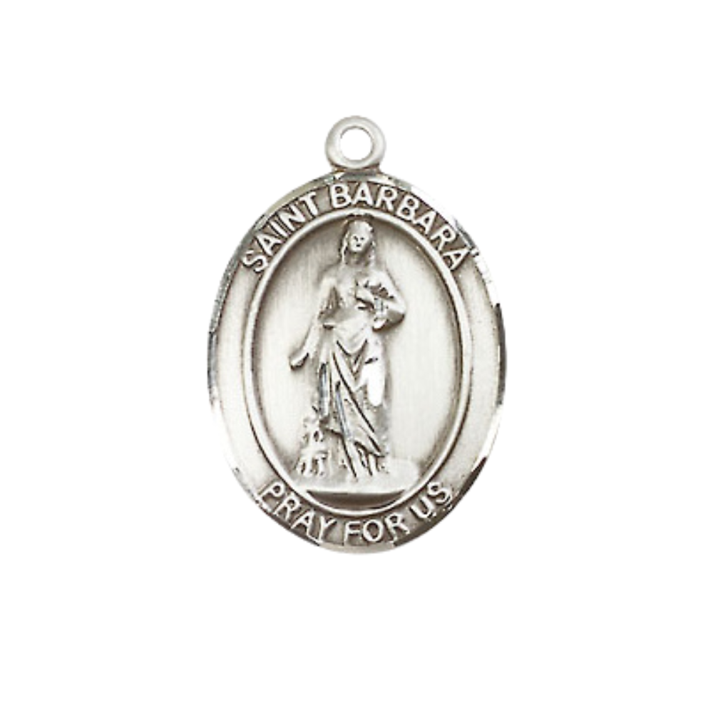 Everlasting Light Jewelry Medium Men's Pewter Saint St. Barbara Medal Pendant on 24 Inch Endless Rhodium Plated Heavy Curb Brass Chain, Catholic Religious Necklace - Made in USA- Deluxe Velvet Gift Box