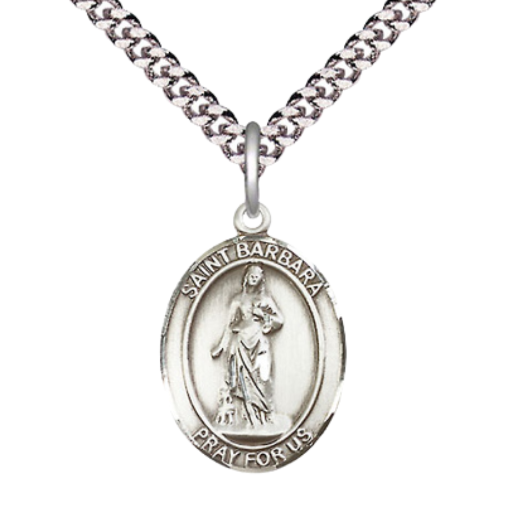 Medium Men's .925 Sterling Silver Saint St. Barbara Medal Pendant on 24 Inch Endless Rhodium Plated Heavy Curb Brass Chain, Catholic Religious Necklace - Made in USA- Deluxe Velvet Gift Box