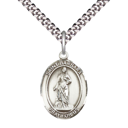 Medium Men's .925 Sterling Silver Saint St. Barbara Medal Pendant on 24 Inch Endless Rhodium Plated Heavy Curb Brass Chain, Catholic Religious Necklace - Made in USA- Deluxe Velvet Gift Box