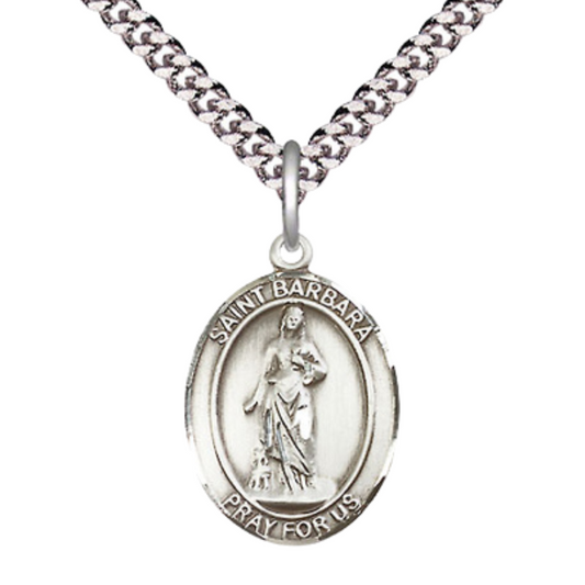 Everlasting Light Jewelry Medium Men's Pewter Saint St. Barbara Medal Pendant on 24 Inch Endless Rhodium Plated Heavy Curb Brass Chain, Catholic Religious Necklace - Made in USA- Deluxe Velvet Gift Box