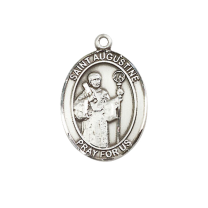 Mens Medium Oval Pewter Saint St. Augustine Medal Pendant on 24 Inch Rhodium Plated Heavy Curb Brass Chain with Lobster Claw Clasp, Catholic Religious Necklace- USA Made Velvet Gift Box