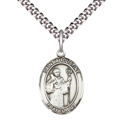 Everlasting Light Jewelry Medium Men's Pewter Saint St. Augustine Medal Pendant on 24 Inch Endless Rhodium Plated Heavy Curb Brass Chain, Catholic Religious Necklace - Made in USA- Deluxe Velvet Gift Box