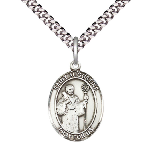 Everlasting Light Jewelry Medium Men's Pewter Saint St. Augustine Medal Pendant on 24 Inch Endless Rhodium Plated Heavy Curb Brass Chain, Catholic Religious Necklace - Made in USA- Deluxe Velvet Gift Box