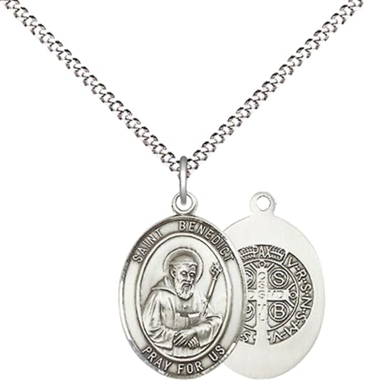 Everlasting Light Jewelry Medium Women's Pewter Saint Benedict Pendant Necklace on 18-inch Rhodium-Plated Lite Curb Brass Chain – Patron Saint of Monks & Poison Sufferers – Velvet Gift Box Included