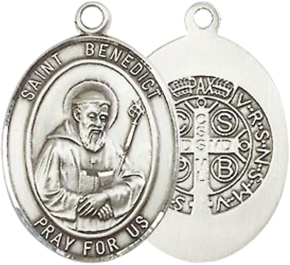 Mens Medium Oval Pewter Saint St. Benedict Medal Pendant on 24 Inch Rhodium Plated Heavy Curb Brass Chain with Lobster Claw Clasp, Catholic Religious Necklace - Made in USA- Deluxe Velvet Gift Box