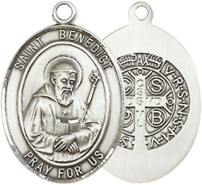 Everlasting Light Jewelry Medium Men's Pewter Saint St. Benedict Medal Pendant on 24 Inch Endless Rhodium Plated Heavy Curb Brass Chain, Catholic Religious Necklace - Made in USA- Deluxe Velvet Gift Box