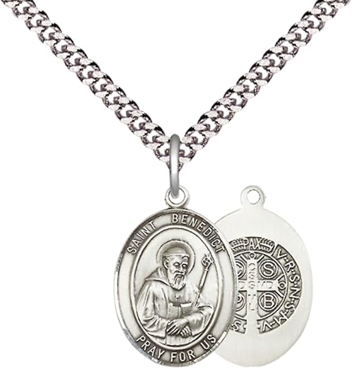 Everlasting Light Jewelry Medium Men's Pewter Saint St. Benedict Medal Pendant on 24 Inch Endless Rhodium Plated Heavy Curb Brass Chain, Catholic Religious Necklace - Made in USA- Deluxe Velvet Gift Box