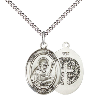 Everlasting Light Jewelry Medium Women's .925 Sterling Silver Saint St. Benedict Pendant Necklace on 18- Inch Rhodium Plated Lite Curb Brass Chain – Patron Saint St. of Monks & Poison Sufferers, Catholic Medal – Velvet Gift Box Included