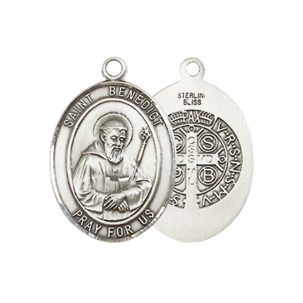 Everlasting Light Jewelry Medium Women's .925 Sterling Silver Saint St. Benedict Pendant Necklace on 18- Inch Rhodium Plated Lite Curb Brass Chain – Patron Saint St. of Monks & Poison Sufferers, Catholic Medal – Velvet Gift Box Included