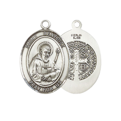 Medium Mens Oval .925 Sterling Silver Saint St. Benedict Medal Pendant on 24 Inch Rhodium Plated Heavy Curb Brass Chain w/ Lobster Claw Clasp, Catholic Religious Necklace - Made in USA- Velvet Gift Box