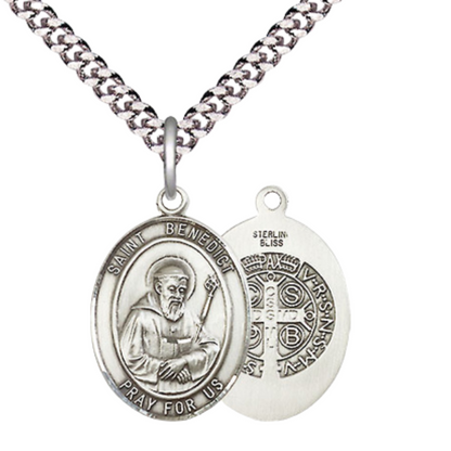 Medium Men's .925 Sterling Silver Saint St. Benedict Medal Pendant on 24 Inch Endless Rhodium Plated Heavy Curb Brass Chain, Catholic Religious Necklace - Made in USA- Deluxe Velvet Gift Box