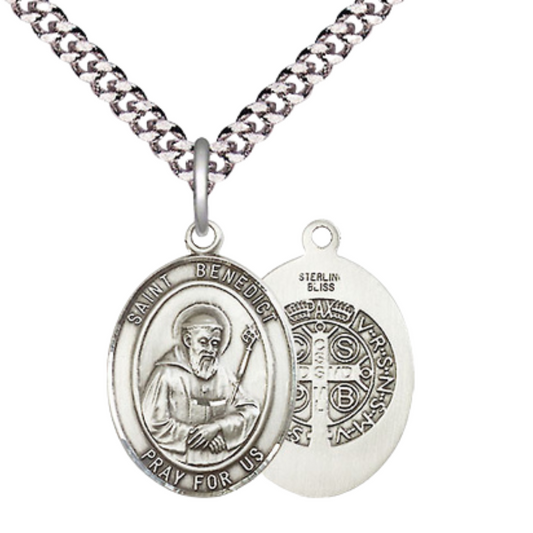 Medium Mens Oval .925 Sterling Silver Saint St. Benedict Medal Pendant on 24 Inch Rhodium Plated Heavy Curb Brass Chain w/ Lobster Claw Clasp, Catholic Religious Necklace - Made in USA- Velvet Gift Box